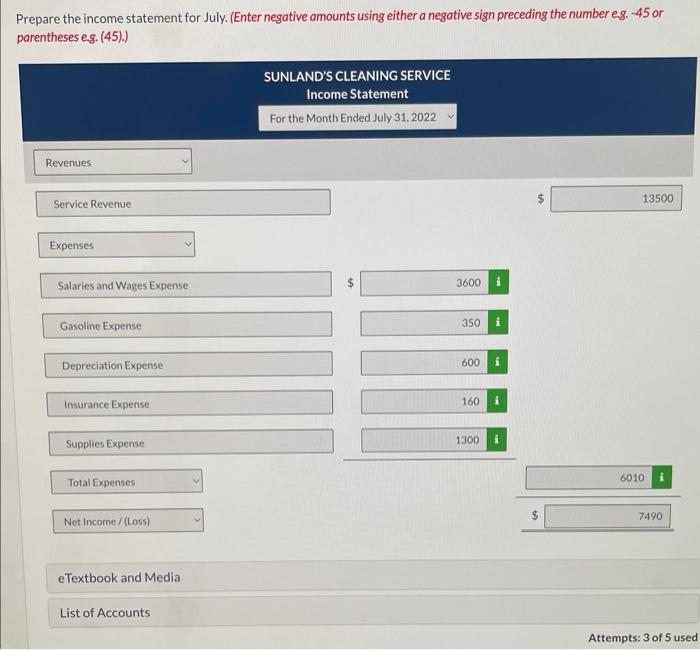 Prepare the income statement for July. (Enter negative amounts using either a