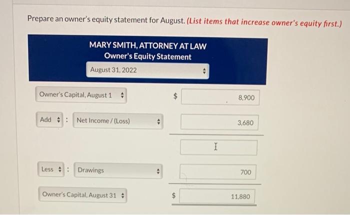 Prepare an owner's equity statement for August. (List items that increase owner's