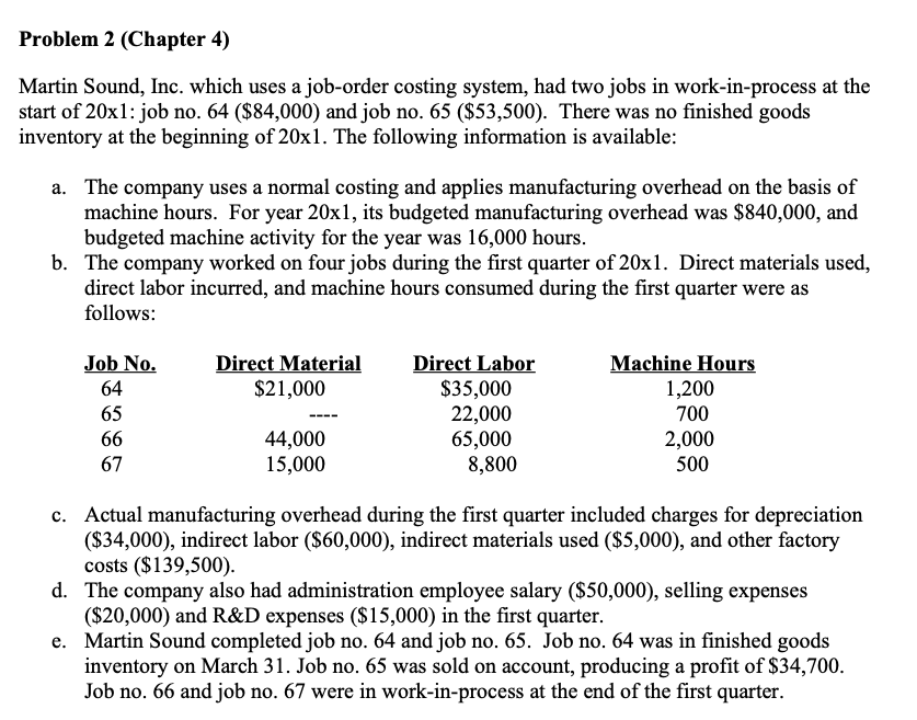 Problem 2 (Chapter 4) Martin Sound, Inc. which uses a job-order costing