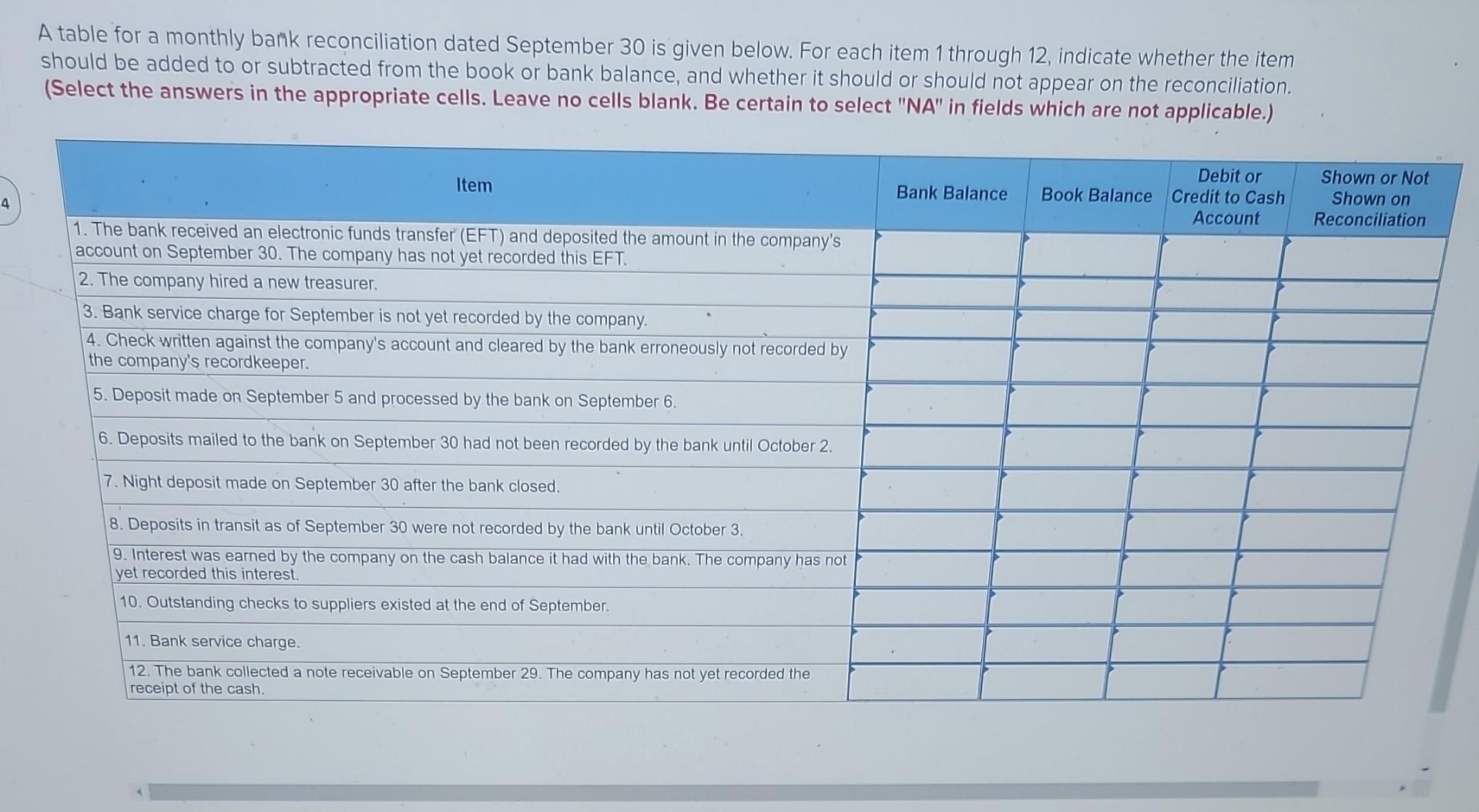 4 A table for a monthly bank reconciliation dated September 30 is