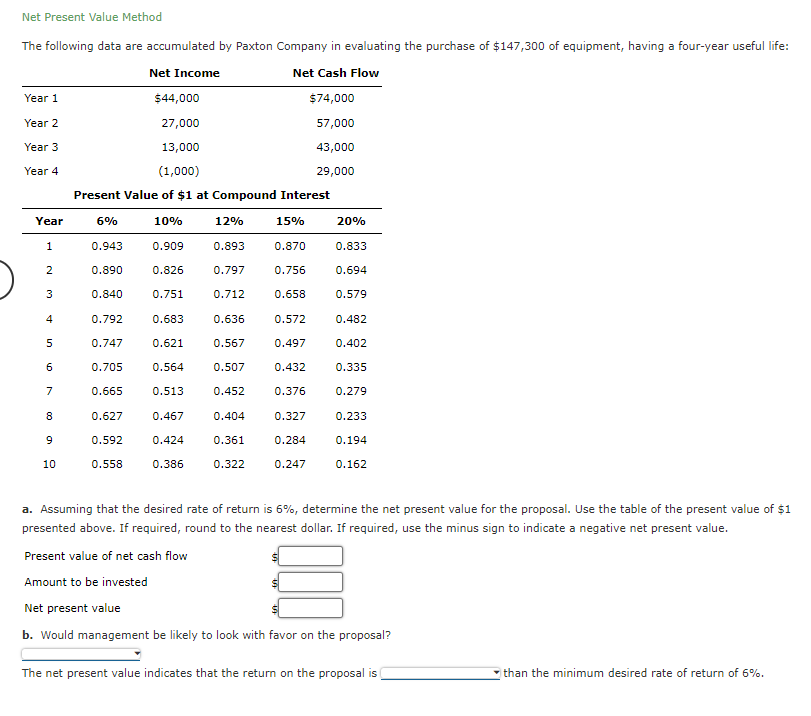 Net Present Value Method The following data are accumulated by Paxton Company