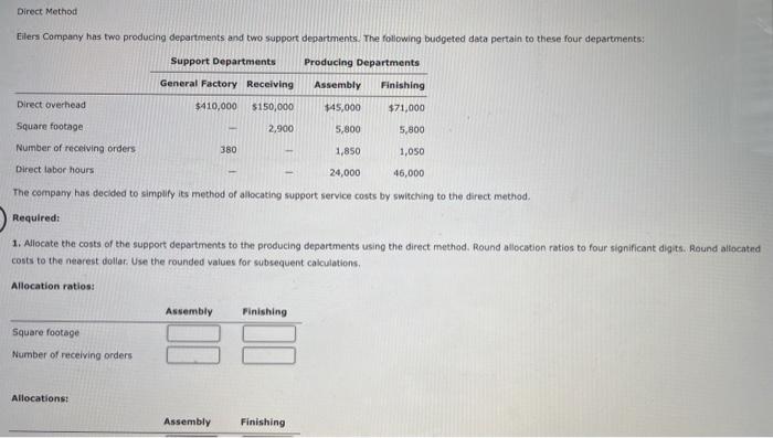 Direct Method Eilers Company has two producing departments and two support departments.