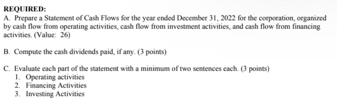 Corp Income Statement 2022 2021 Sales revenue $24,000 $27,750 Cost of goods