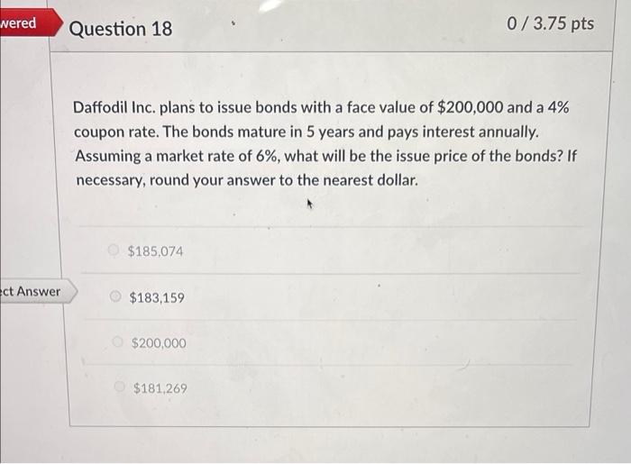 wered Question 18 ect Answer 0/3.75 pts Daffodil Inc. plans to issue