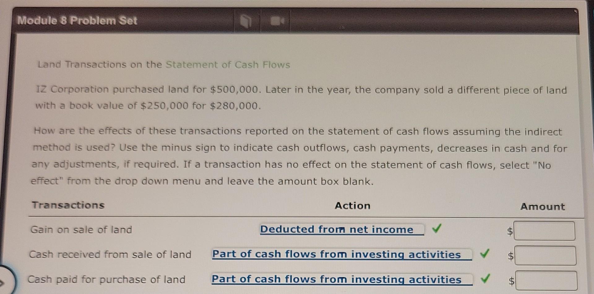 Module 8 Problem Set Land Transactions on the Statement of Cash Flows