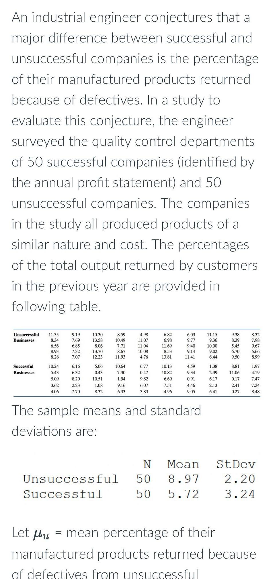 An industrial engineer conjectures that a major difference between successful and unsuccessful
