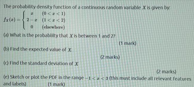 The probability density function of a continuous random variable X is given