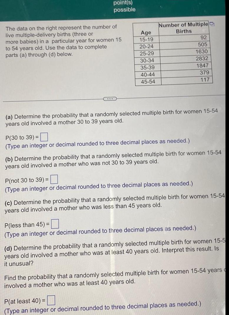point(s) possible The data on the right represent the number of live
