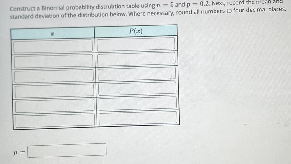 Construct a Binomial probability distrubtion table using n = 5 and p