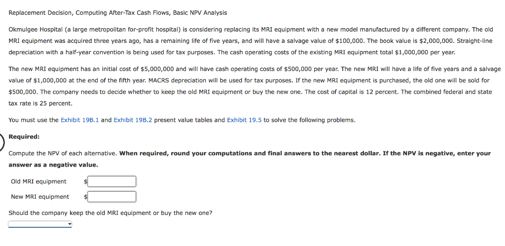 Replacement Decision, Computing After-Tax Cash Flows, Basic NPV Analysis Okmulgee Hospital (a
