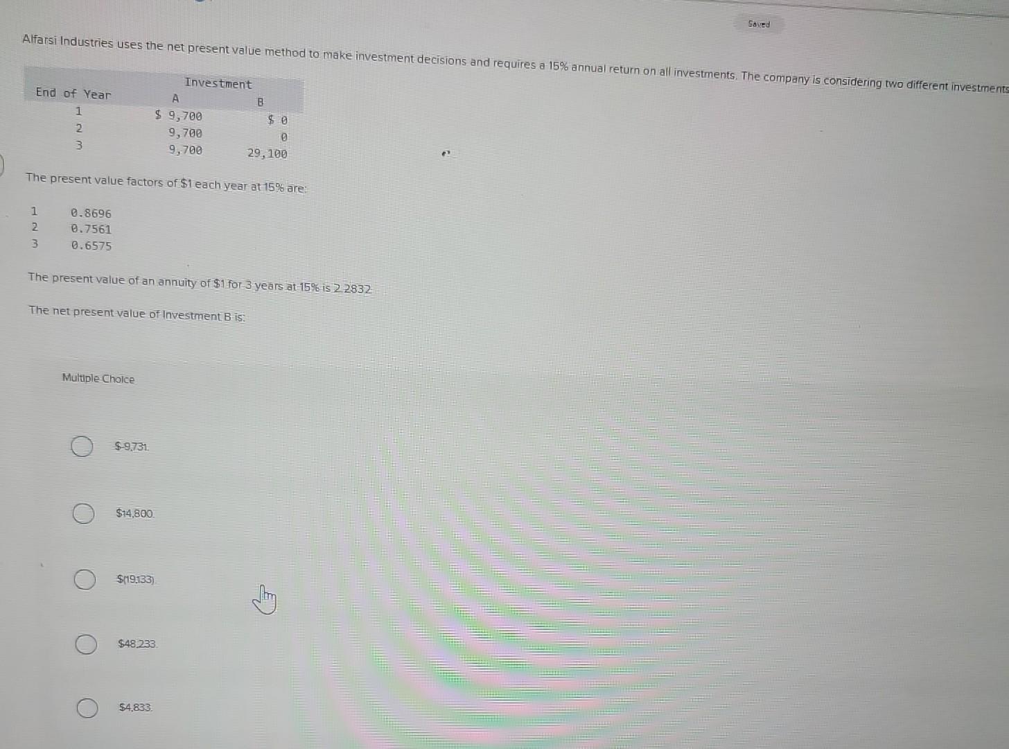 Saved Alfarsi Industries uses the net present value method to make investment