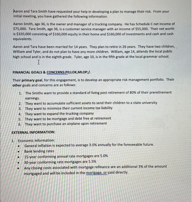 Aaron and Tara Smith have requested your help in developing a plan