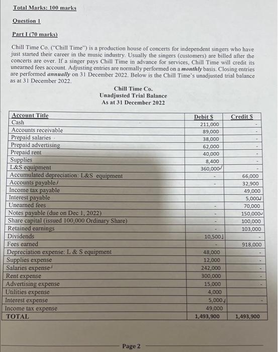Total Marks: 100 marks Question 1 Part I (70 marks) Chill Time