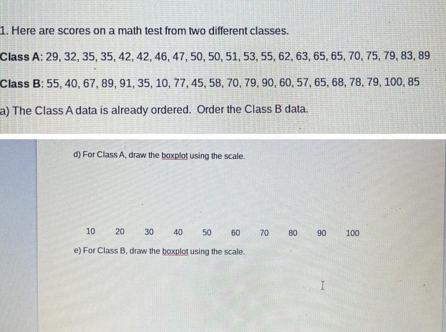 1. Here are scores on a math test from two different classes.