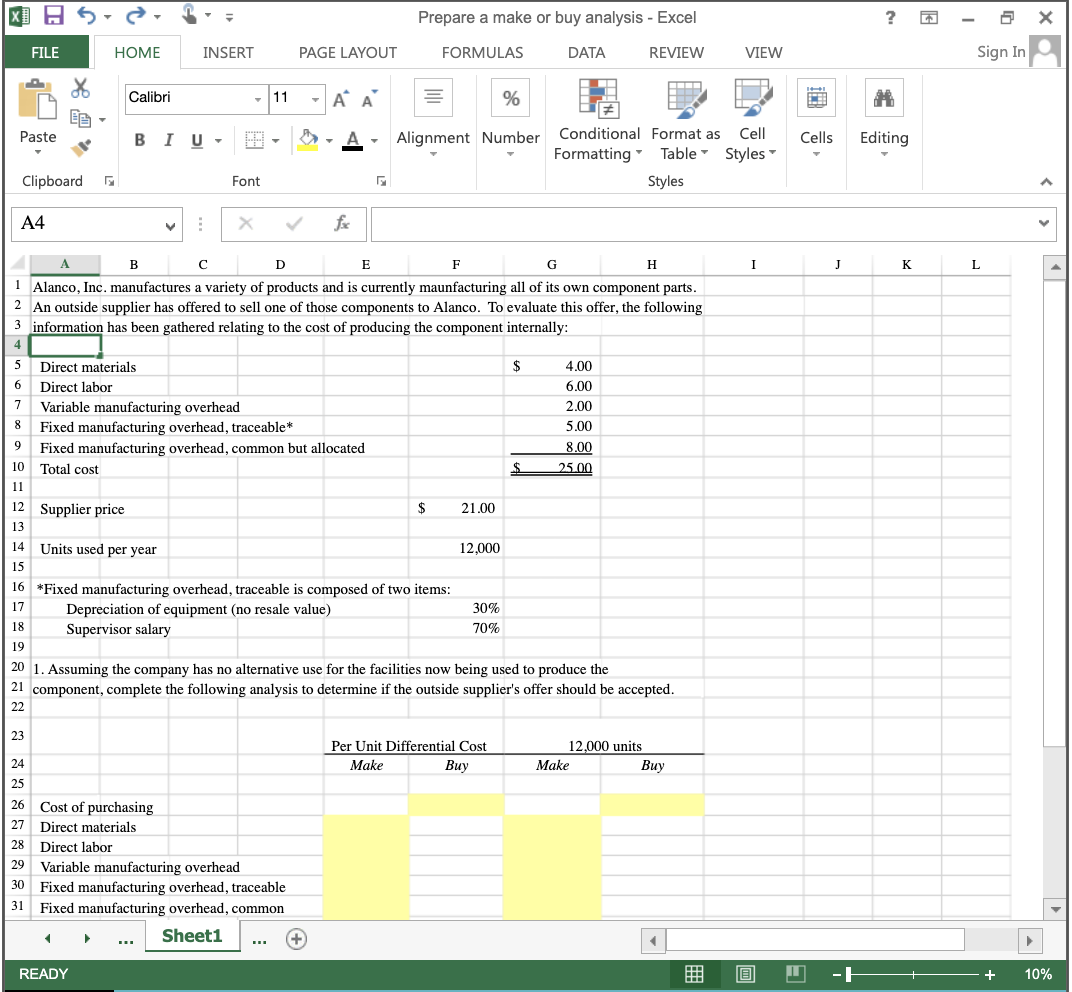 x = 5 FILE Prepare a make or buy analysis - Excel