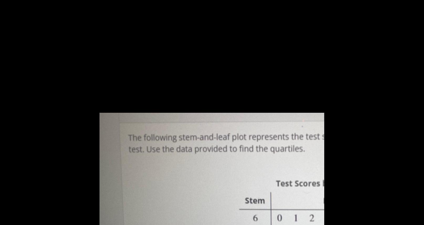 The following stem-and-leaf plot represents the tests test. Use the data provided