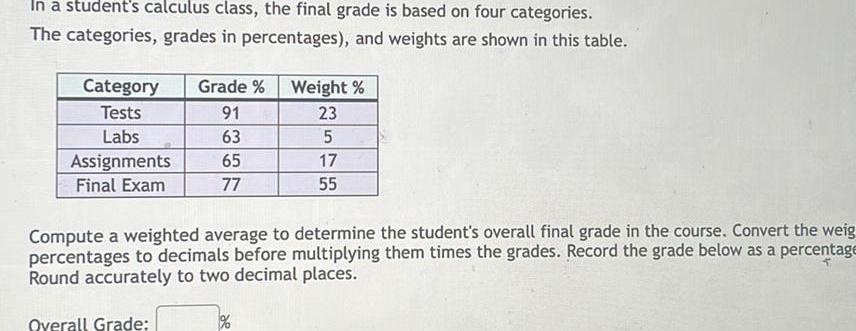 In a student's calculus class, the final grade is based on four