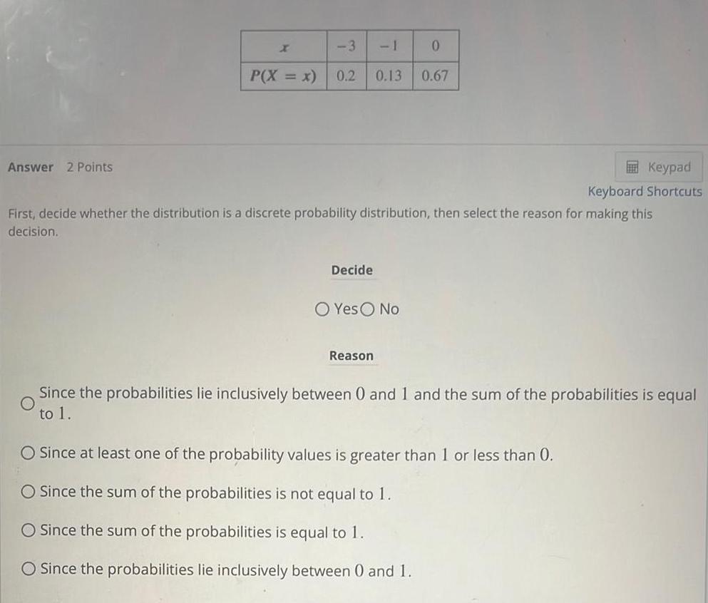 Answer 2 Points x -3 -1 0 P(X = x) 0.2 0.13