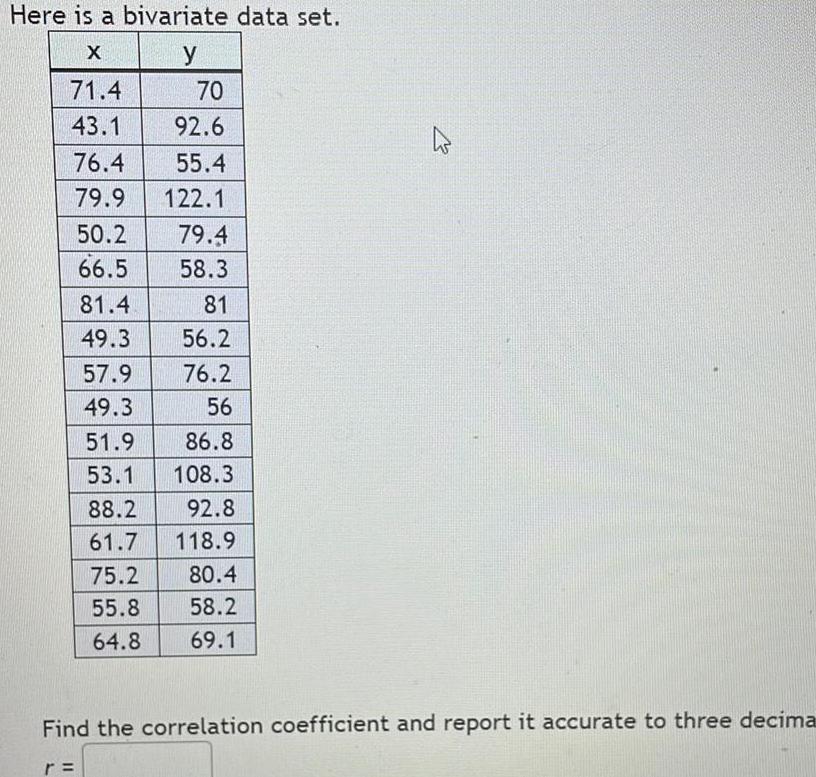 Here is a bivariate data set. X y 71.4 70 43.1 92.6