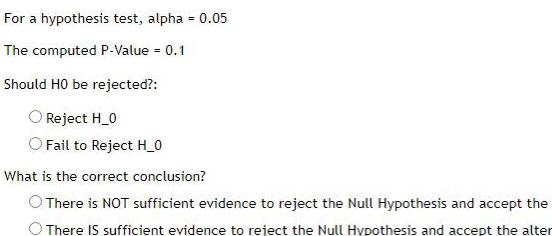 For a hypothesis test, alpha = 0.05 The computed P-Value = 0.1