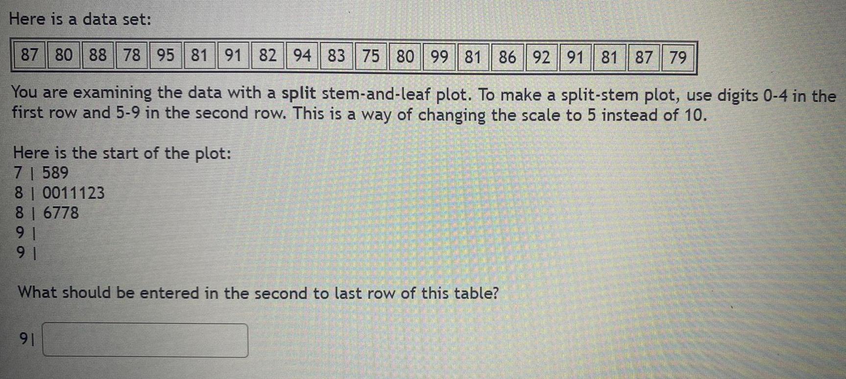 Here is a data set: 87 80 88 78 95 81 91