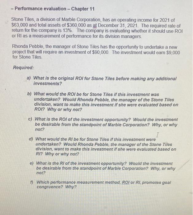 - Performance evaluation - Chapter 11 Stone Tiles, a division of Marble