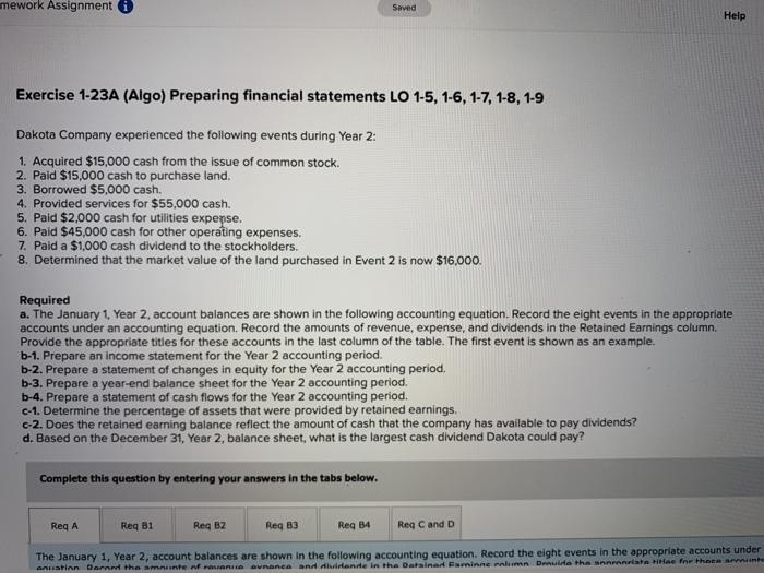mework Assignment Saved Help Exercise 1-23A (Algo) Preparing financial statements LO 1-5,
