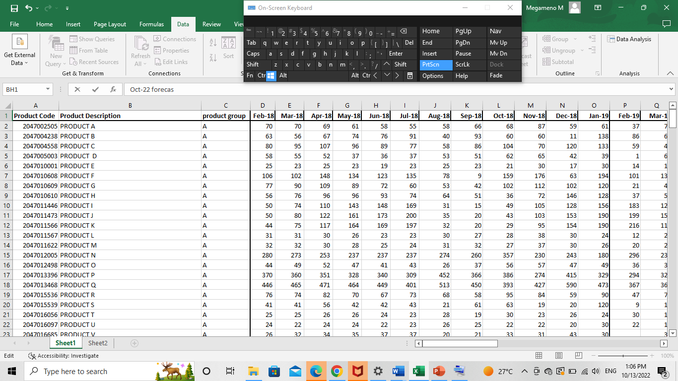 File Home Insert Page Layout Formulas Data Review Vie On-Screen Keyboard Megameno