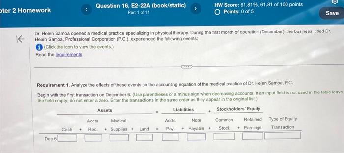 ter 2 Homework Question 16, E2-22A (book/static) Part 1 of 11 HW