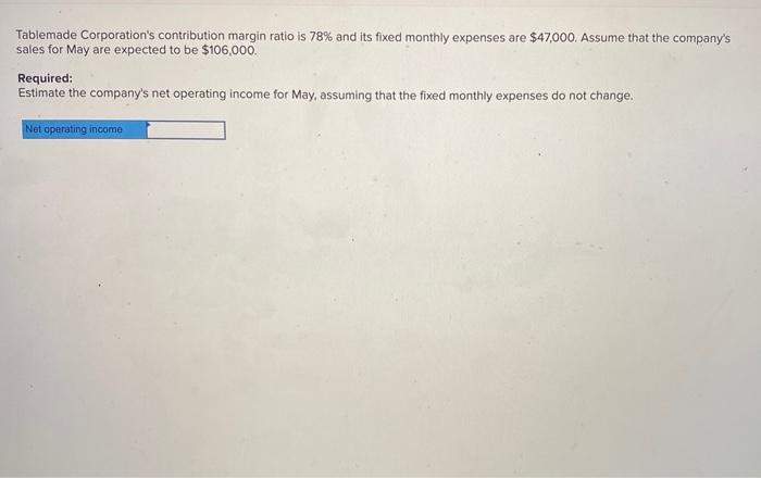 Tablemade Corporation's contribution margin ratio is 78% and its fixed monthly expenses