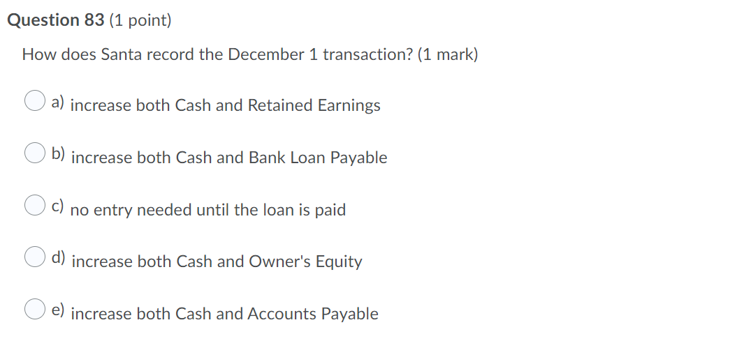 Question 83 (1 point) How does Santa record the December 1 transaction?