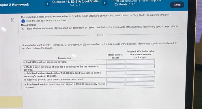 apter 2 Homework Question 15, E2-21A (book/static) Part 1 of 2 HW
