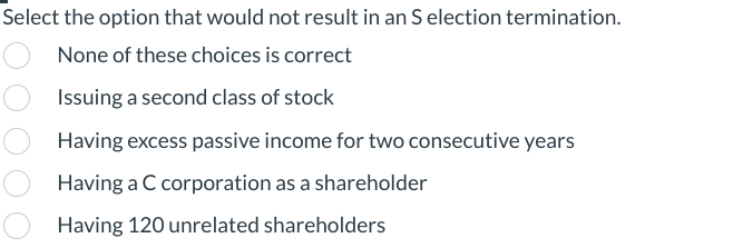 Select the option that would not result in an S election termination.