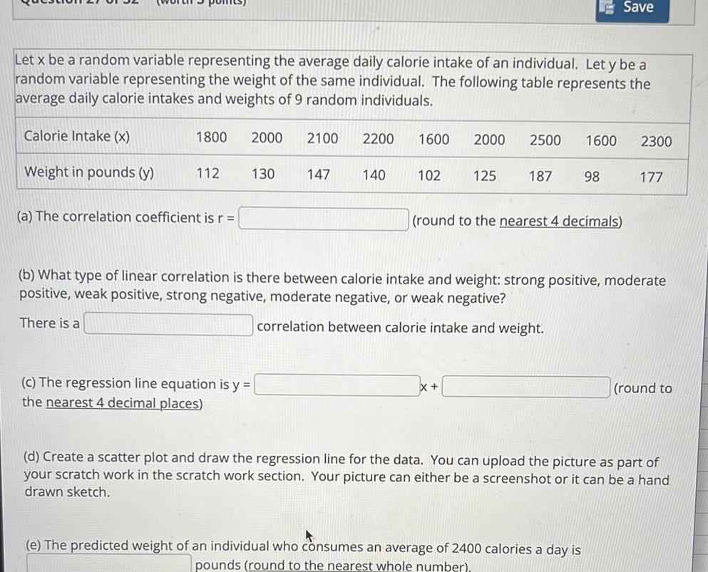 Save Let x be a random variable representing the average daily calorie