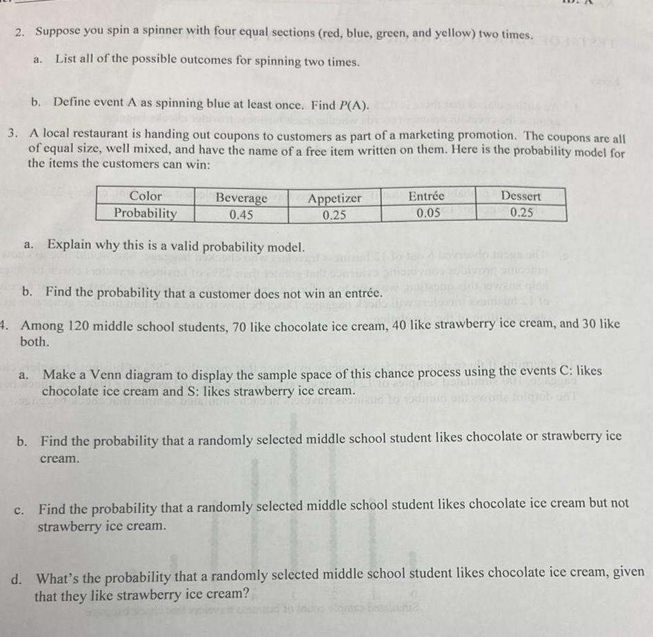 2. Suppose you spin a spinner with four equal sections (red, blue,