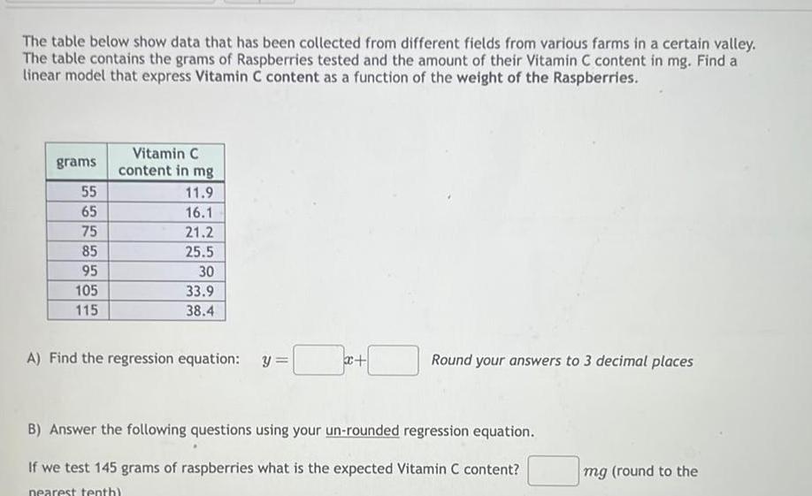 The table below show data that has been collected from different fields