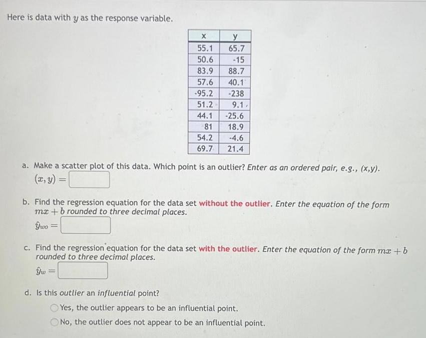 Here is data with y as the response variable. y 55.1 65.7