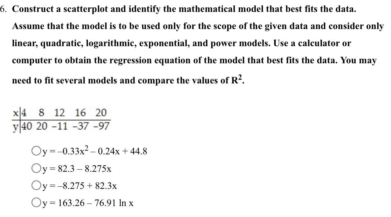 6. Construct a scatterplot and identify the mathematical model that best fits