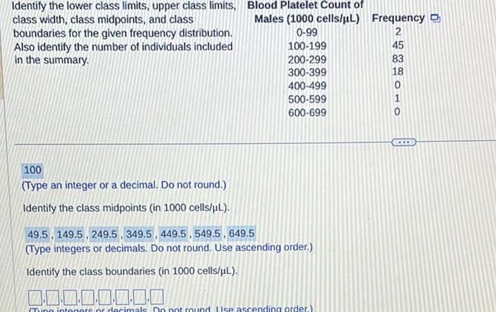 Identify the lower class limits, upper class limits, Blood Platelet Count of