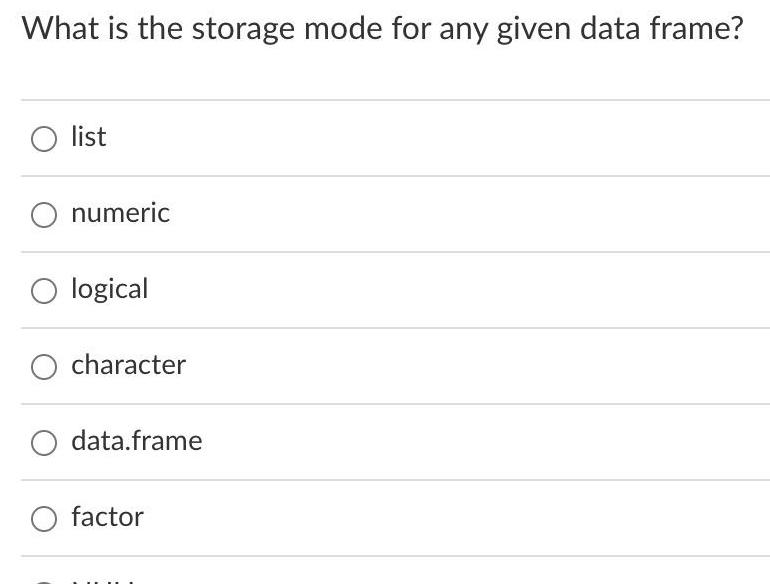 What is the storage mode for any given data frame? list numeric