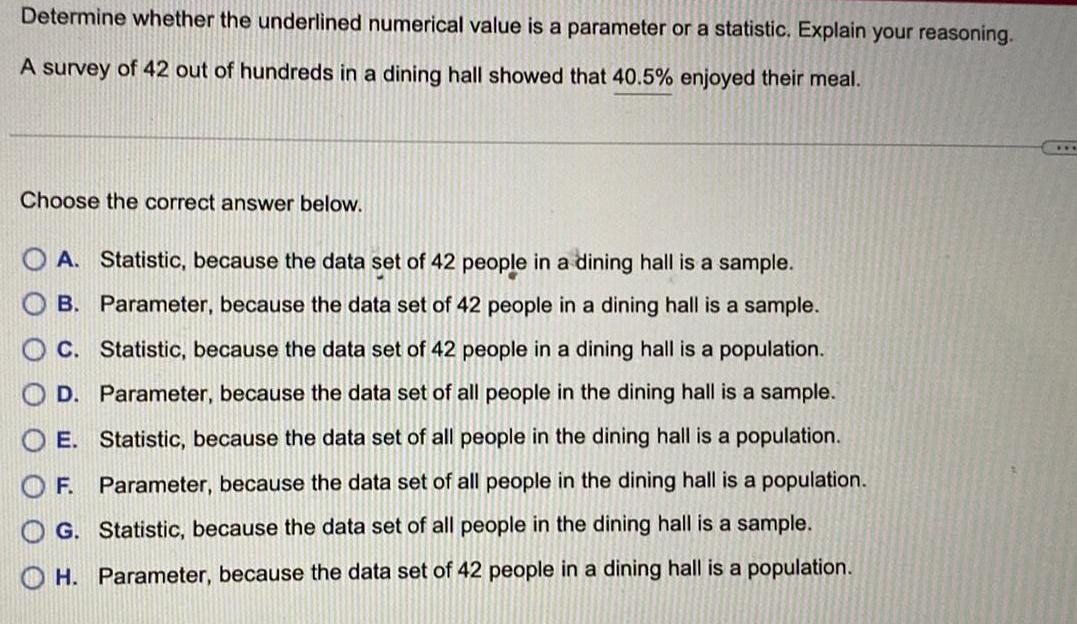 Determine whether the underlined numerical value is a parameter or a statistic.