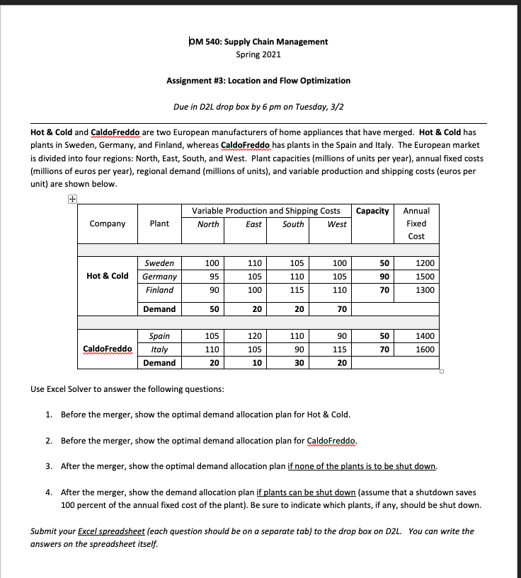 OM 540: Supply Chain Management Spring 2021 Assignment #3: Location and Flow