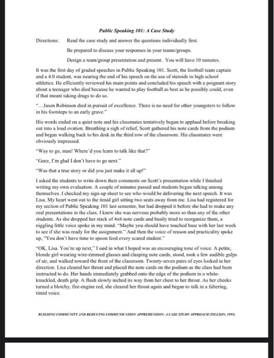 Public Speaking 101: A Case Study Directions: Read the case study and