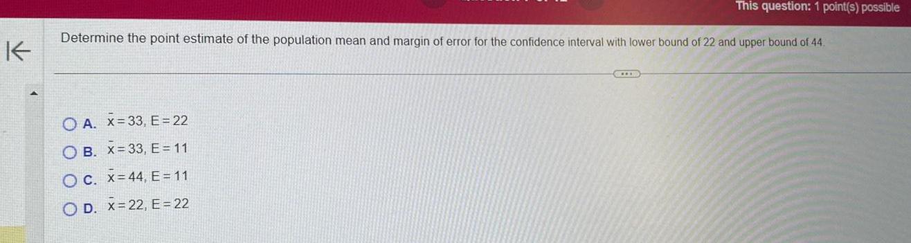 K This question: 1 point(s) possible Determine the point estimate of the