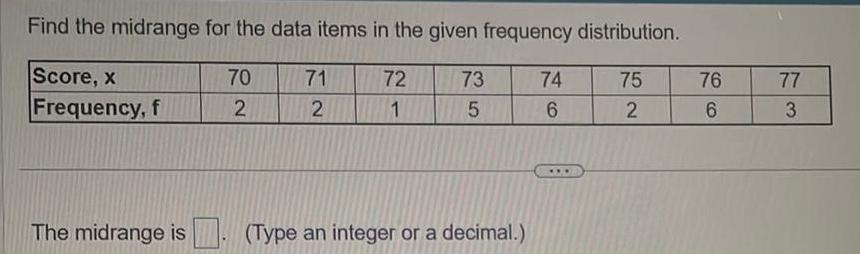 Find the midrange for the data items in the given frequency distribution.