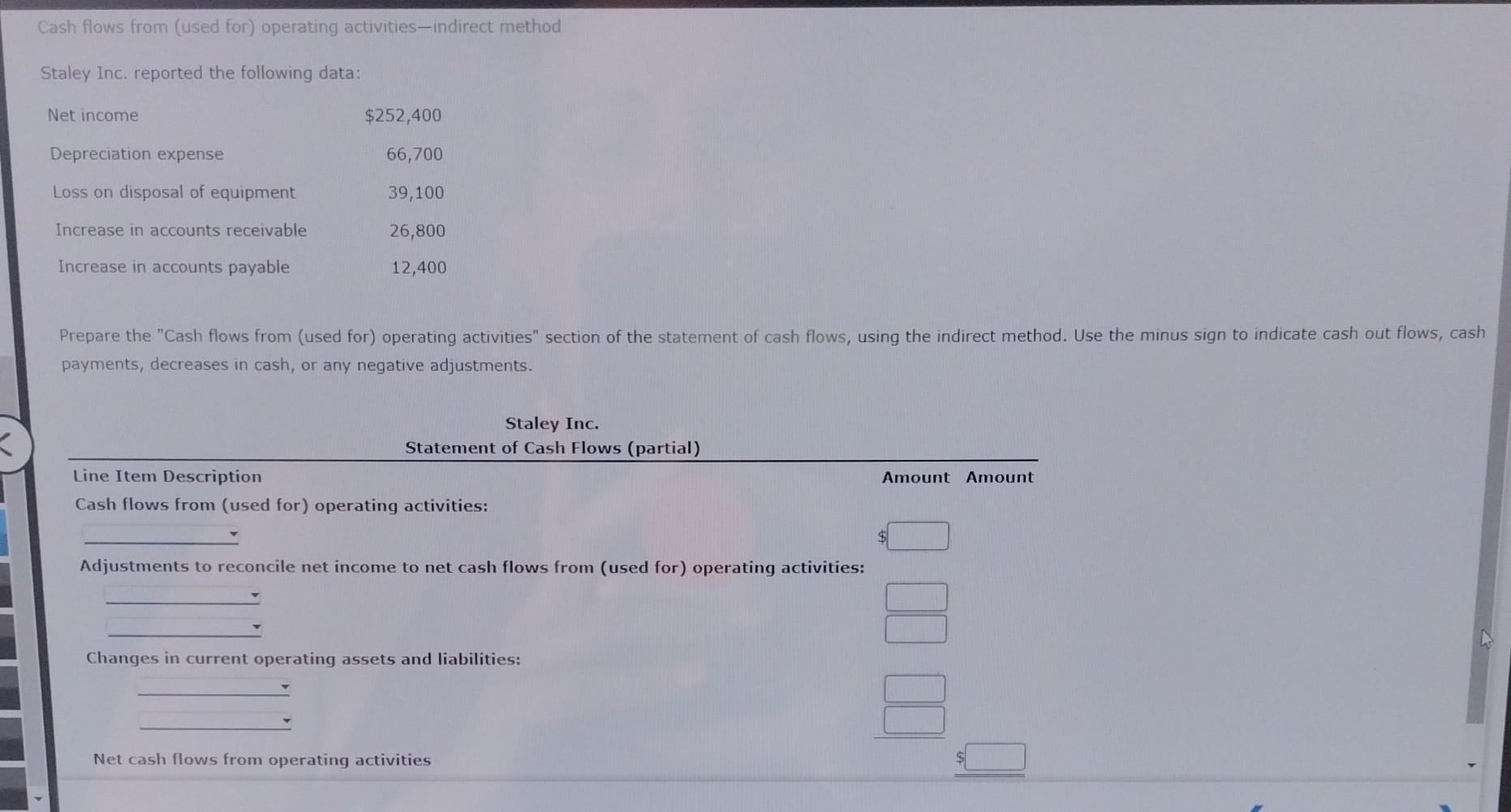 Cash flows from (used for) operating activities-indirect method Staley Inc. reported the
