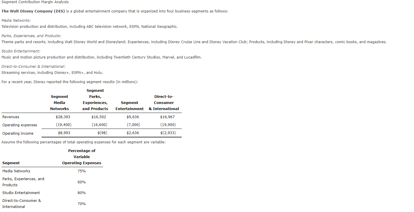 Segment Contribution Margin Analysis The Walt Disney Company (DIS) is a global