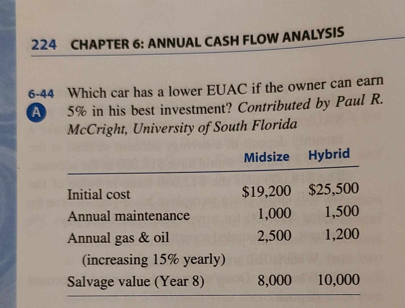 224 CHAPTER 6: ANNUAL CASH FLOW ANALYSIS 6-44 Which car has a