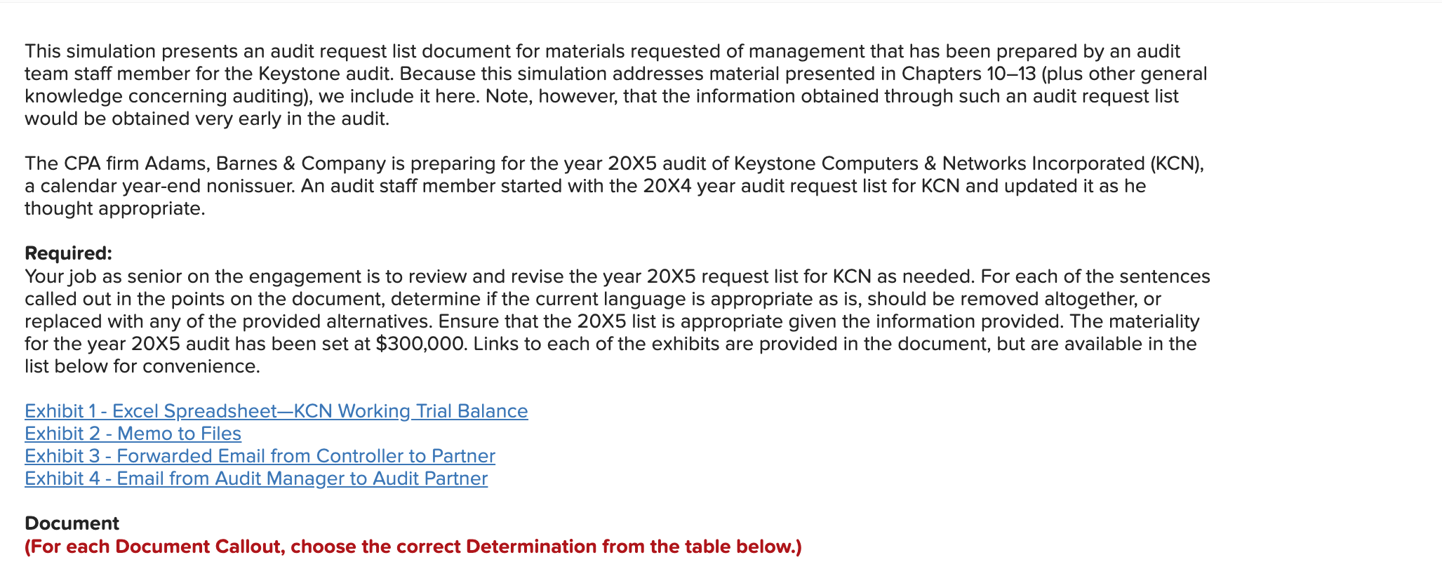 This simulation presents an audit request list document for materials requested of