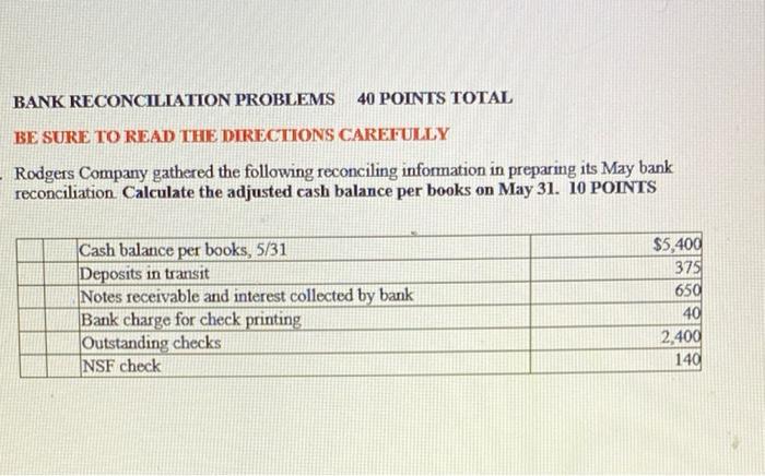 BANK RECONCILIATION PROBLEMS 40 POINTS TOTAL BE SURE TO READ THE DIRECTIONS